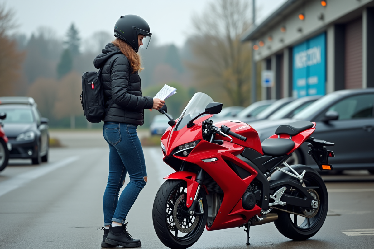 Jeune femme motard avec papiers devant sa moto rouge