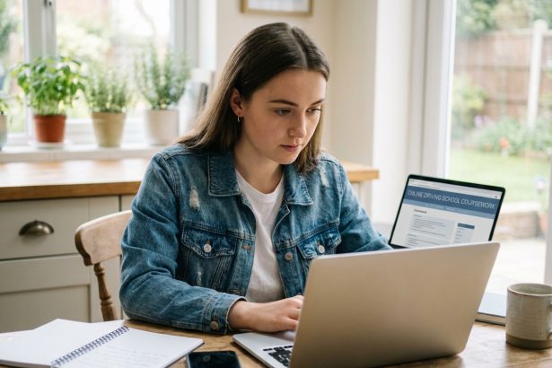 Jeune femme en denim à la maison travaillant sur son ordinateur