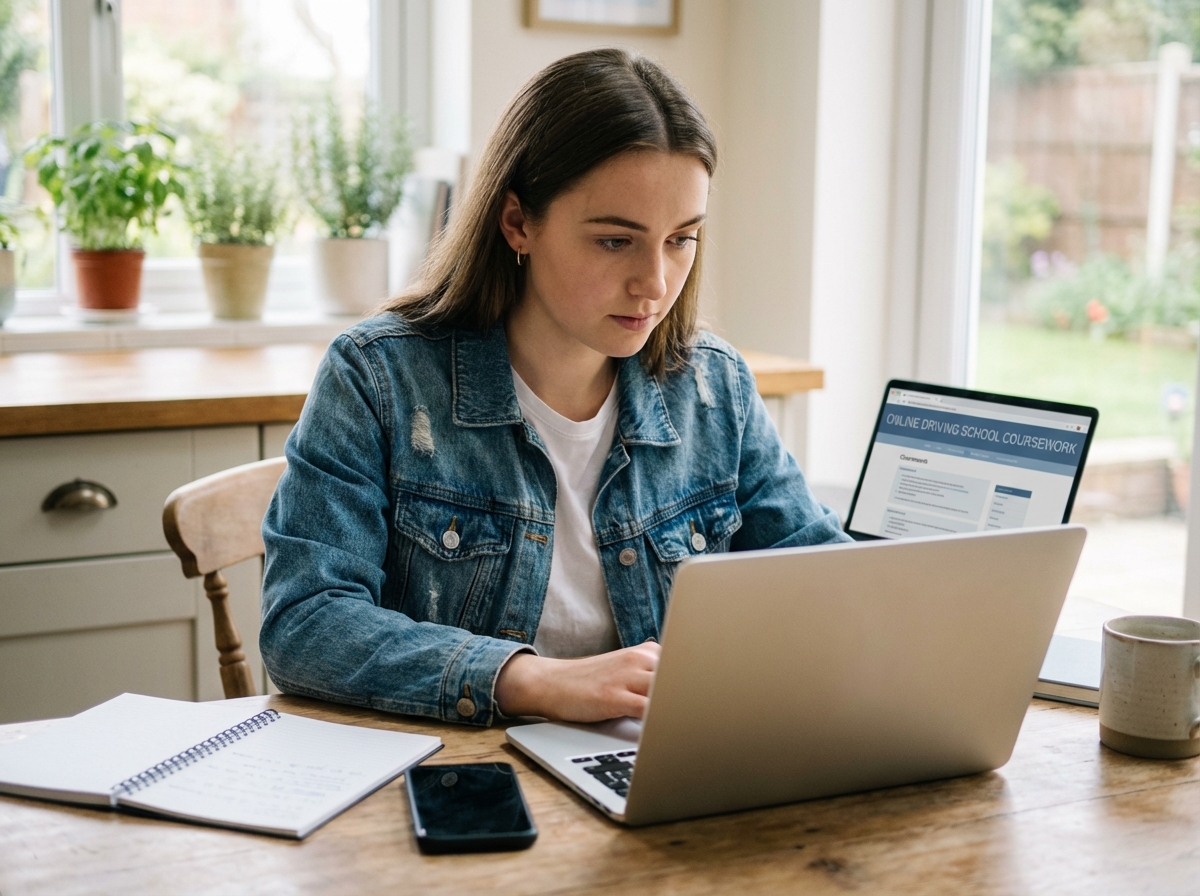 Jeune femme en denim à la maison travaillant sur son ordinateur