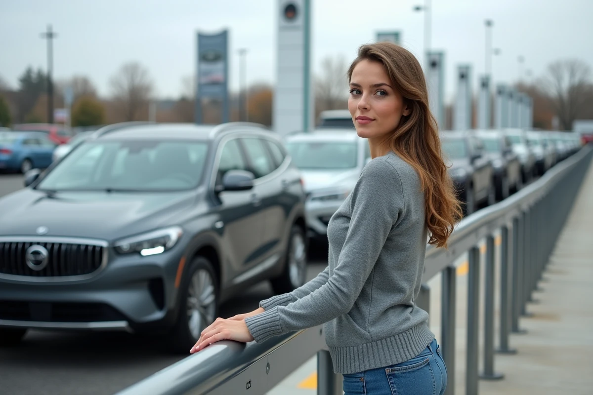 Jeune femme regardant deux SUV dans un parking extérieur