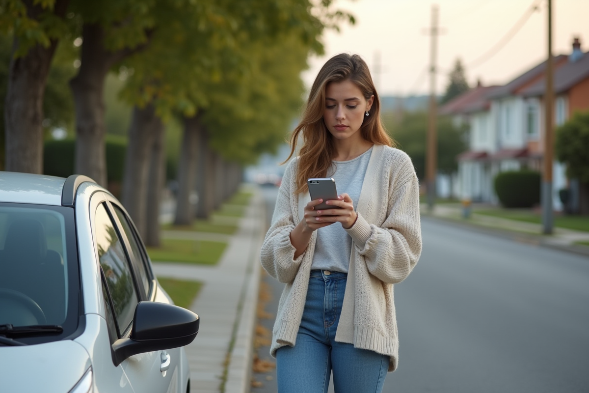 Jeune femme vérifiant une notification sur son smartphone à côté de sa voiture
