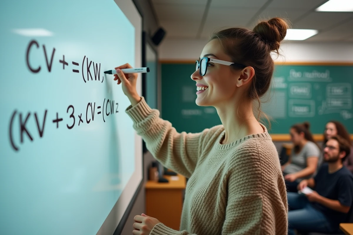 Jeune femme expliquant la formule de conversion CV en kW au tableau blanc
