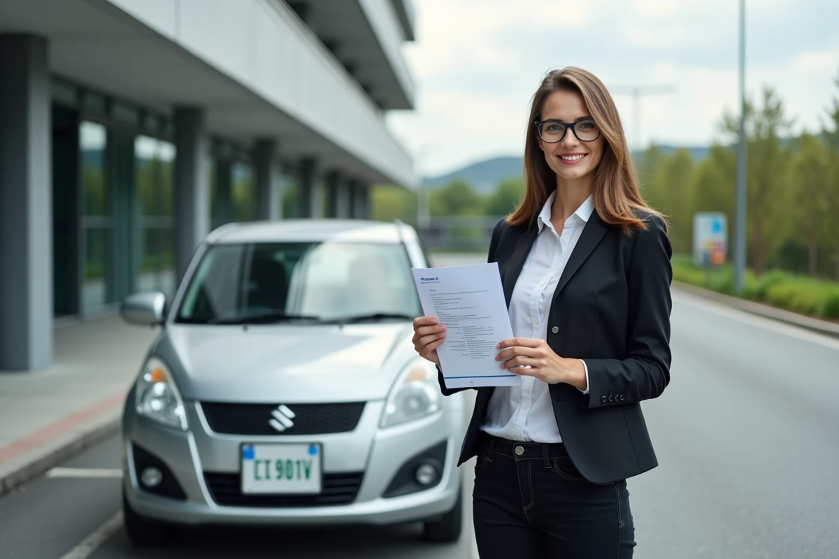 Jeune femme consulaire avec voiture et document
