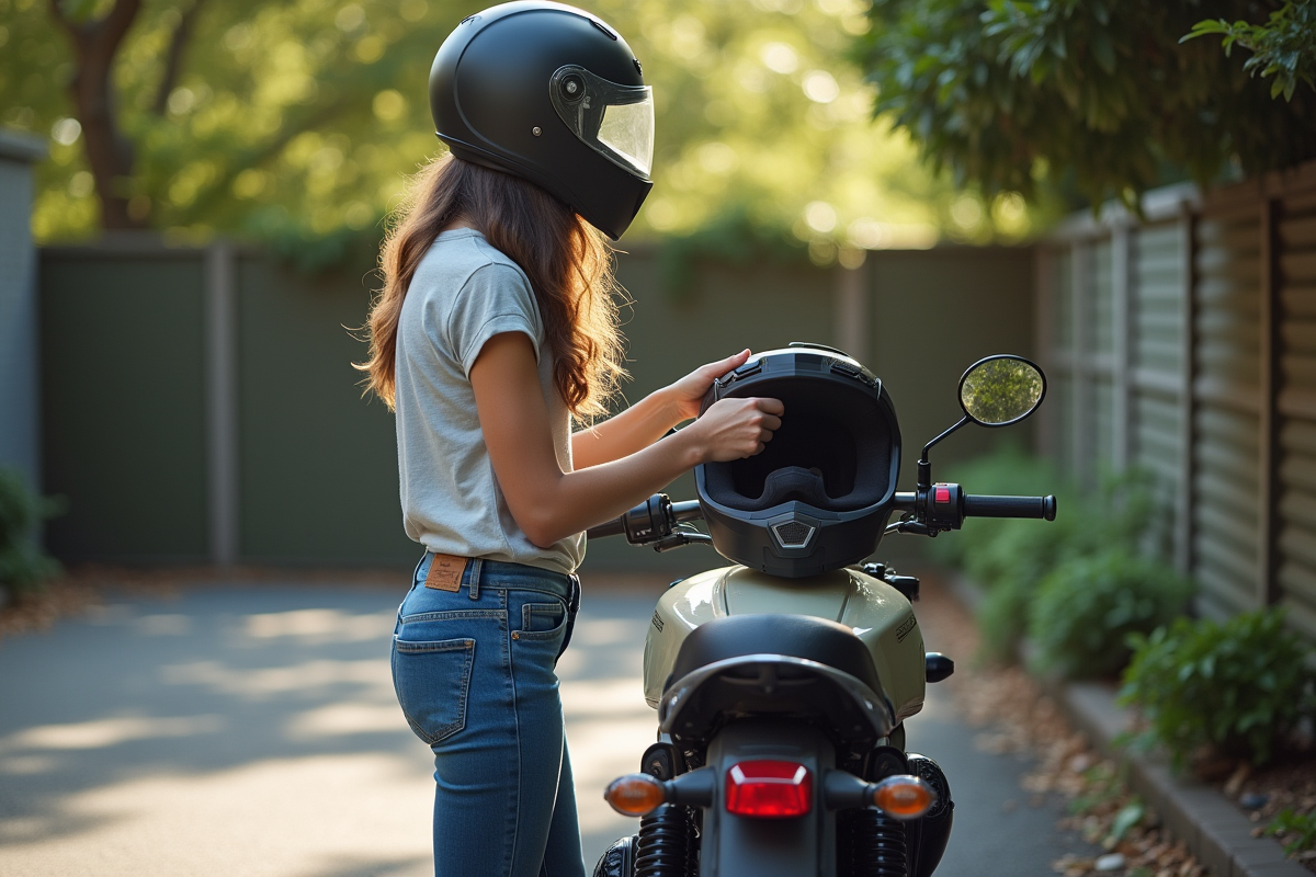 Jeune femme vérifiant son casque moto dans la cour extérieure