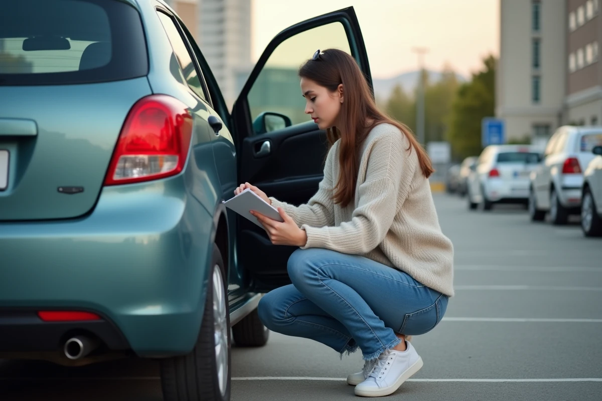 Jeune femme vérifiant la pression des pneus de sa voiture en ville