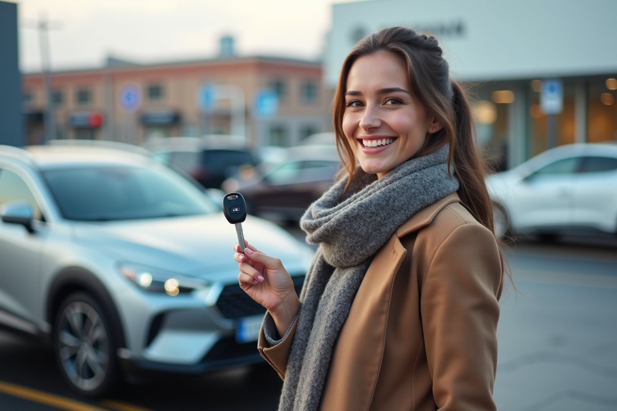 Jeune femme souriante avec clés de voiture devant un véhicule