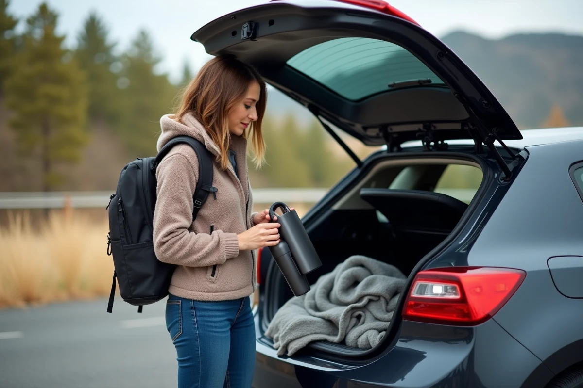 Jeune femme préparant ses accessoires de voyage au bord de la route