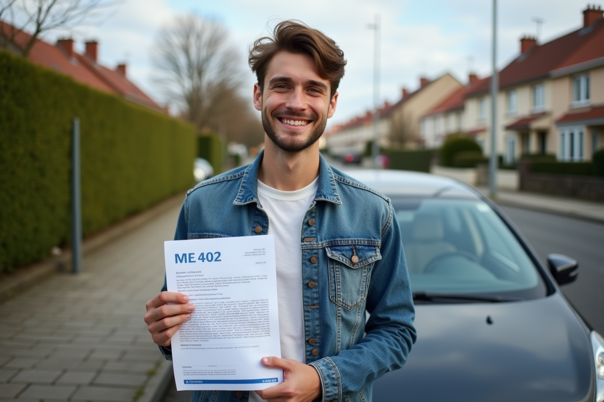Jeune homme avec attestation d assurance devant sa voiture