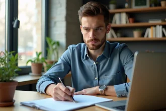 Jeune homme assis à un bureau moderne écrivant une formule de conversion CV en kW