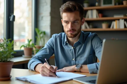 Jeune homme assis à un bureau moderne écrivant une formule de conversion CV en kW