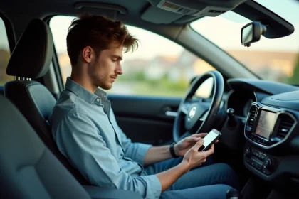 Jeune homme vérifiant un alcootest dans la voiture