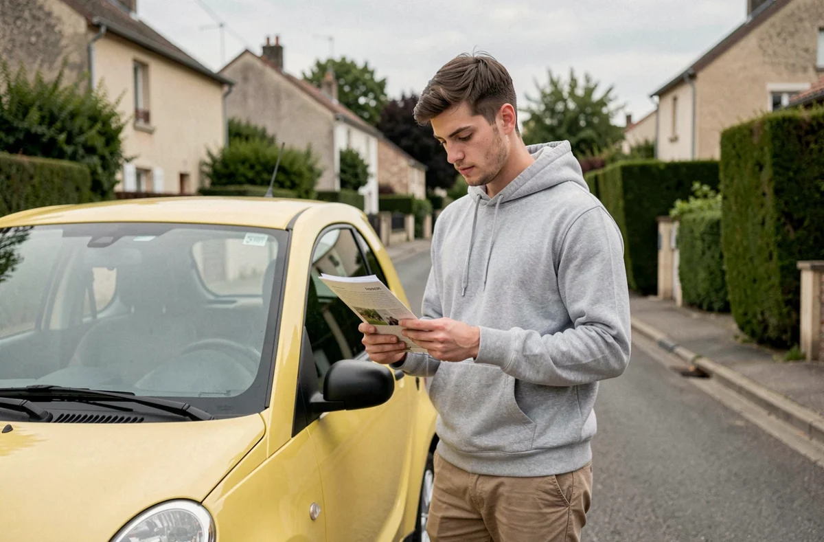 Jeune homme consultant un document administratif à côté d'une voiture sans permis dans un quartier résidentiel de Tours
