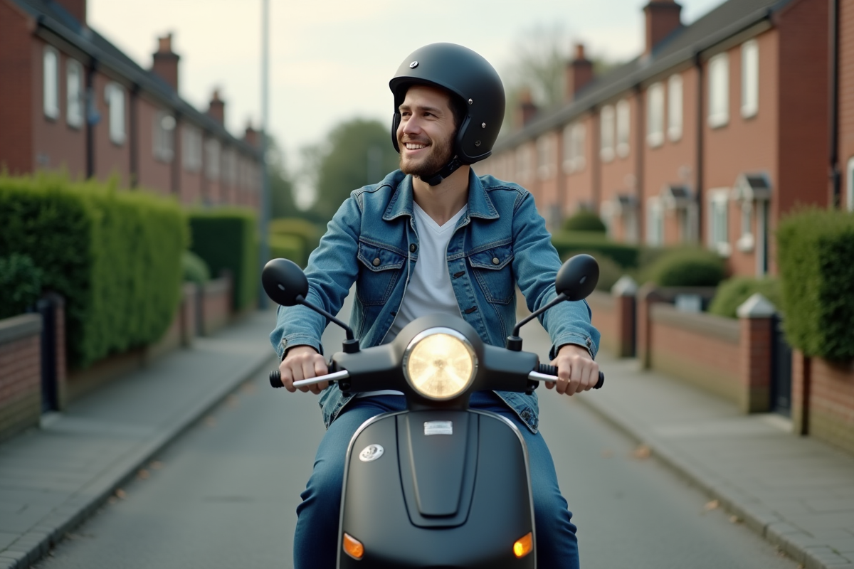 Jeune homme en denim sur un scooter dans un quartier résidentiel