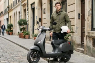 Jeune homme avec un casque blanc debout à côté de son scooter électrique 50cc dans une rue urbaine européenne