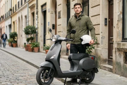 Jeune homme avec un casque blanc debout à côté de son scooter électrique 50cc dans une rue urbaine européenne