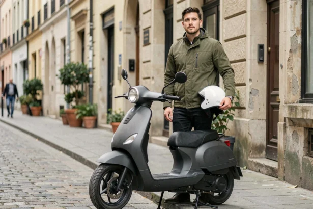 Jeune homme avec un casque blanc debout à côté de son scooter électrique 50cc dans une rue urbaine européenne