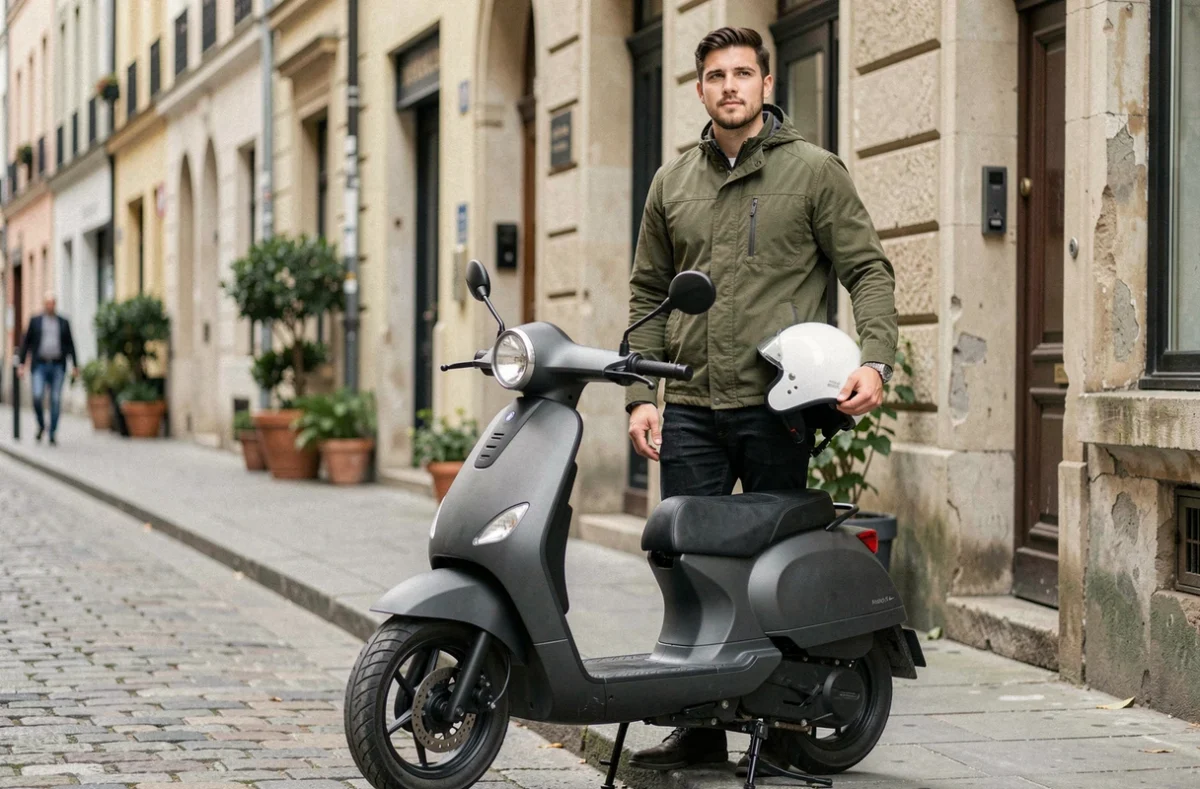 Jeune homme avec un casque blanc debout à côté de son scooter électrique 50cc dans une rue urbaine européenne