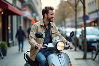Jeune homme souriant avec scooter en ville