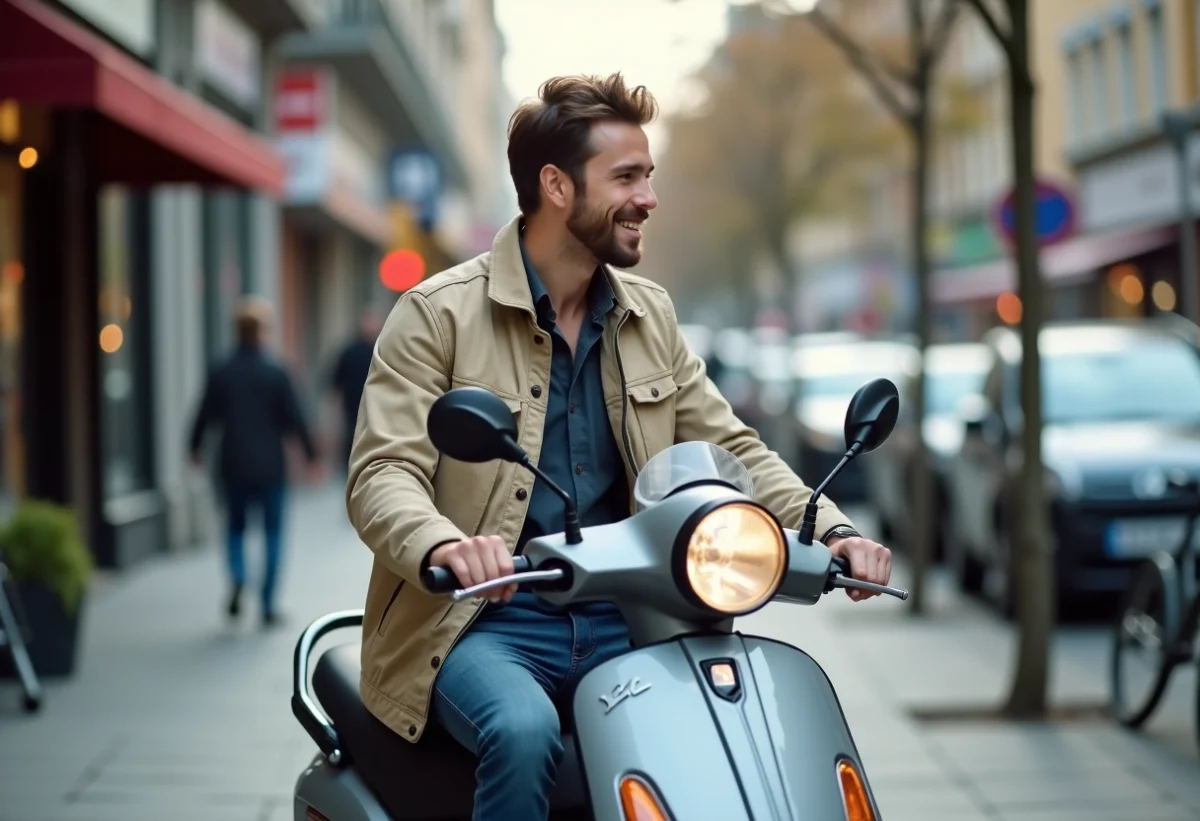 Jeune homme souriant avec scooter en ville