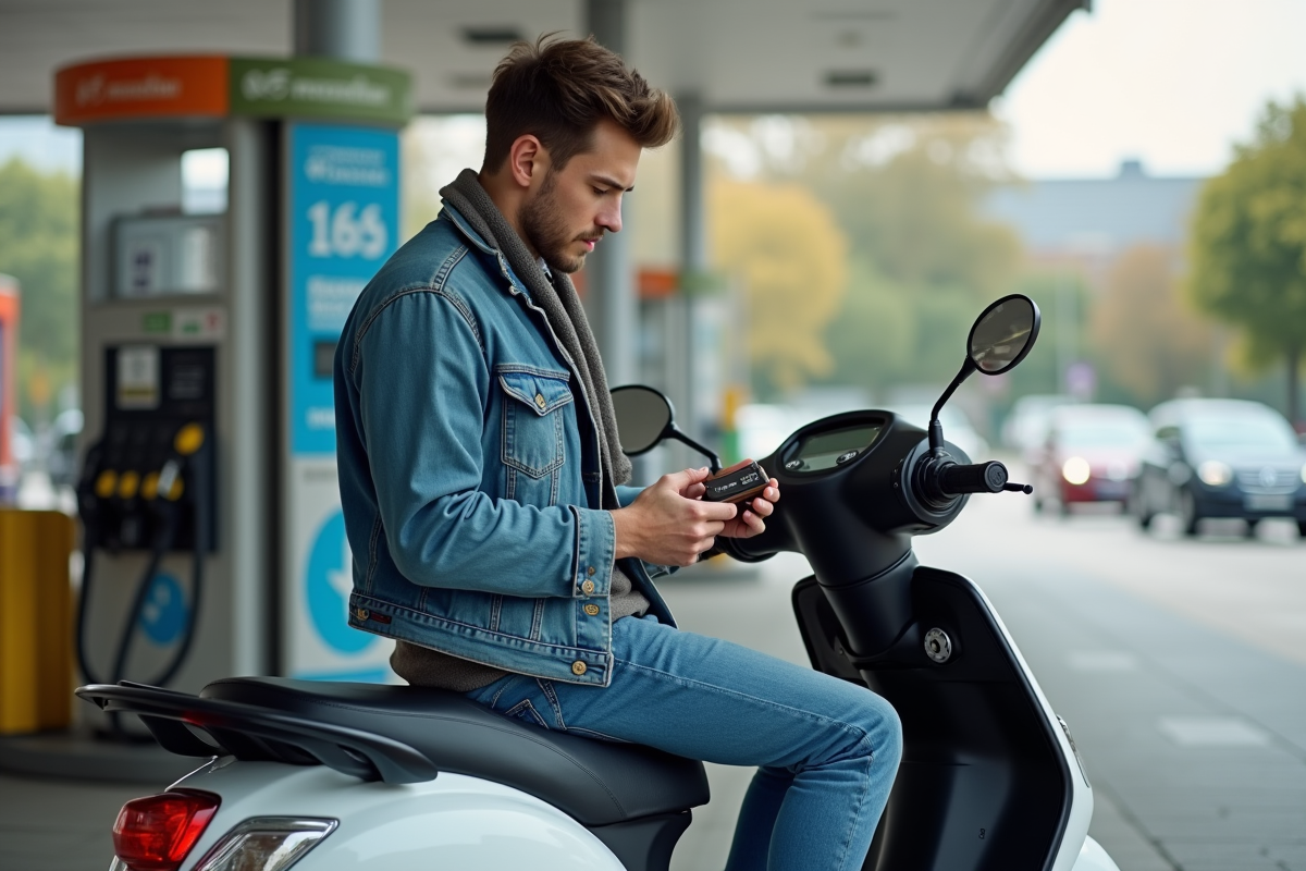 Jeune homme en denim vérifiant le compteur scooter en ville