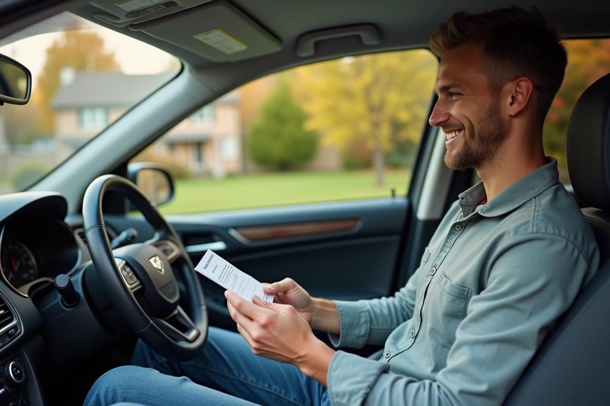 Jeune homme souriant avec ses cartes d assurance dans la voiture