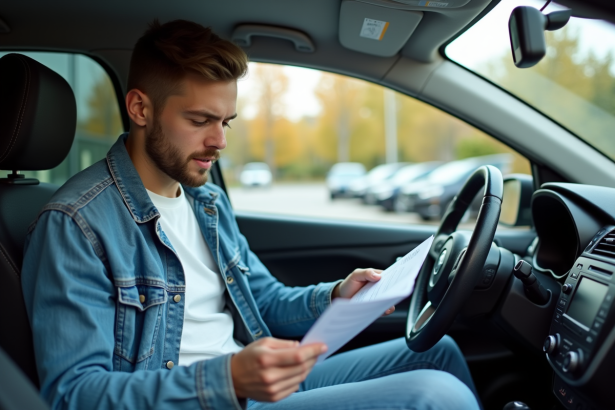 Jeune homme en voiture vérifiant ses documents