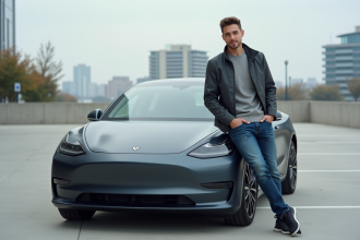 Jeune homme près d'une voiture électrique moderne en ville