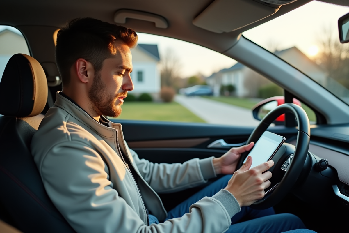 Jeune homme dans sa voiture hybride avec tablette