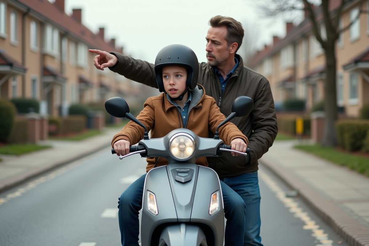 Adolescent en scooter avec son père dans une rue calme