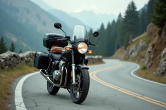 Kawasaki 1000 GTR chargée pour le voyage sur une route de montagne alpine avec sacoches rigides et top case