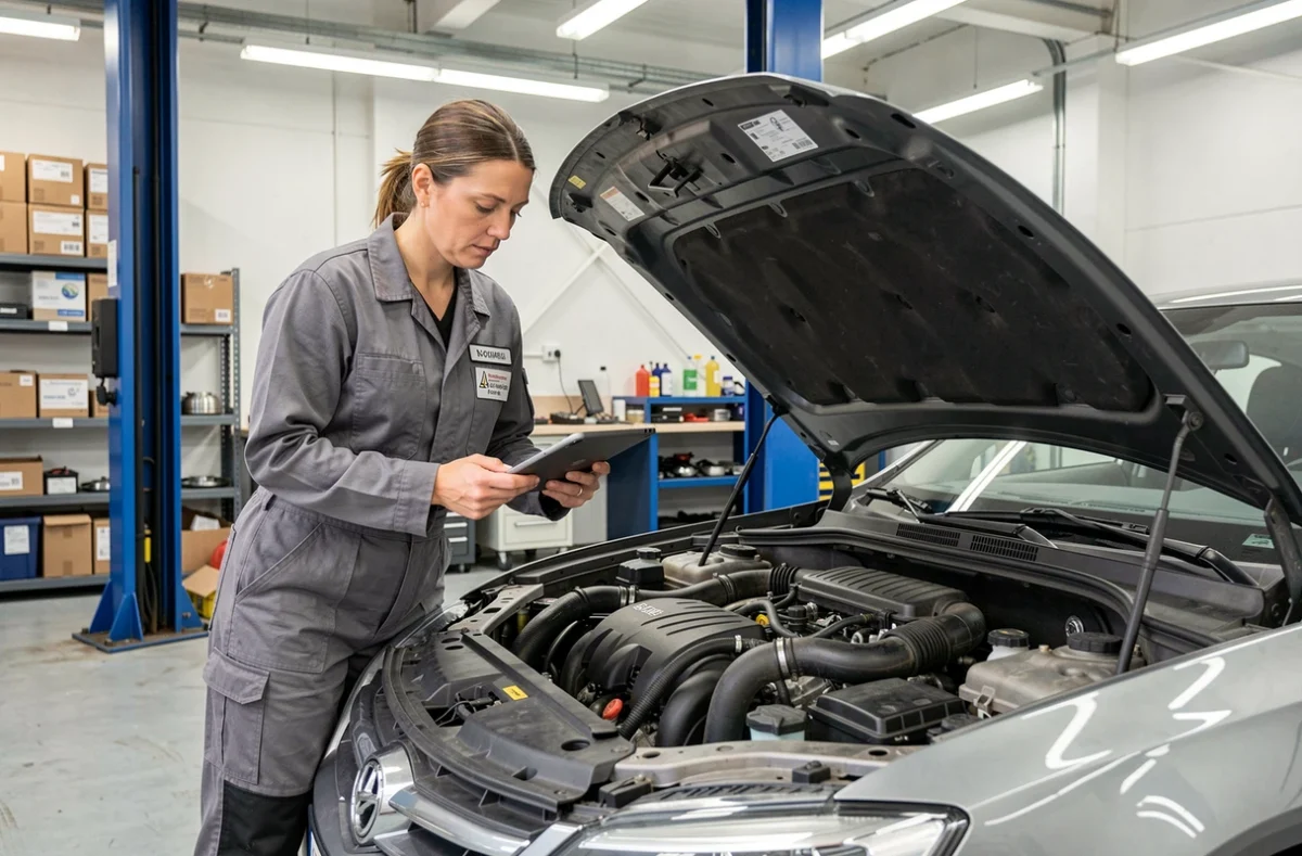 Technicienne automobile de KMA Automobiles à Rouxmesnil-Bouteilles inspectant un moteur avec une tablette de diagnostic