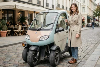Jeune femme tenant les clés d'une petite voiture électrique sans permis garée en ville