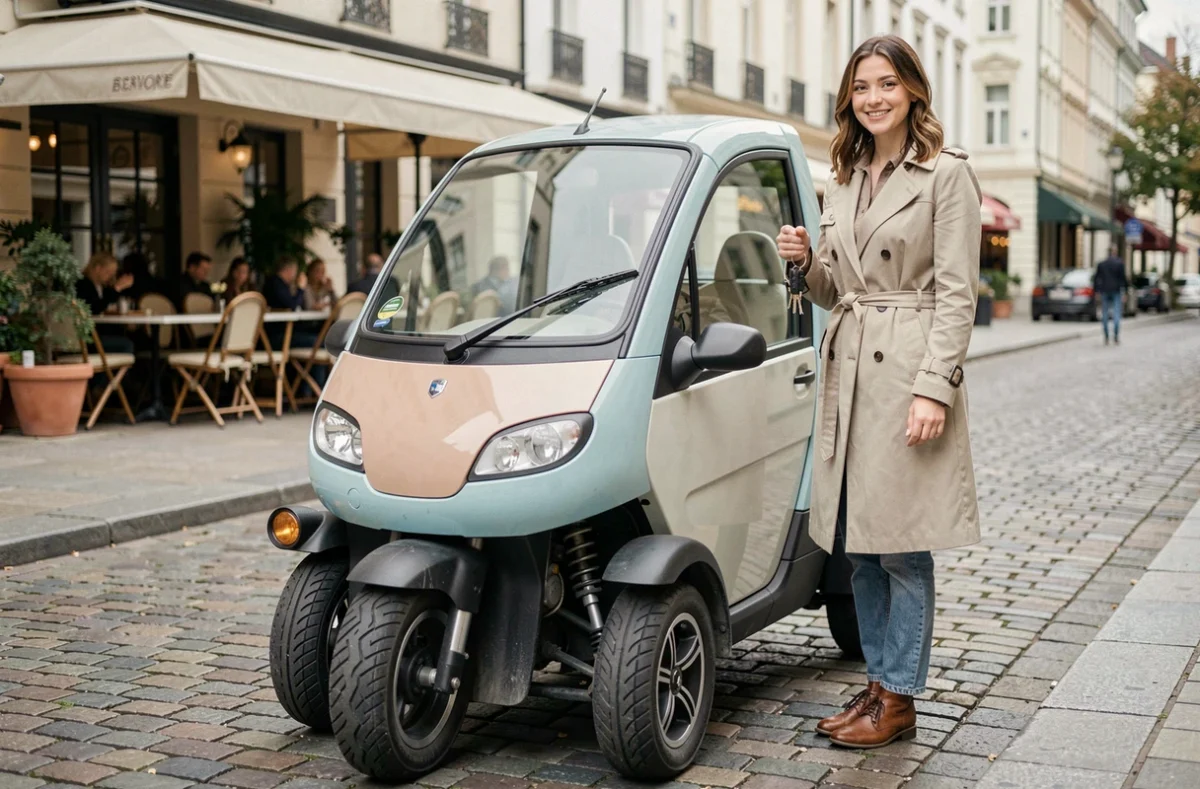Jeune femme tenant les clés d'une petite voiture électrique sans permis garée en ville