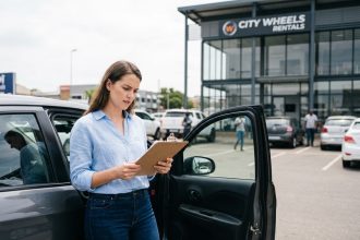 Jeune femme consultant un contrat de location de voiture sans permis devant une agence automobile en ville