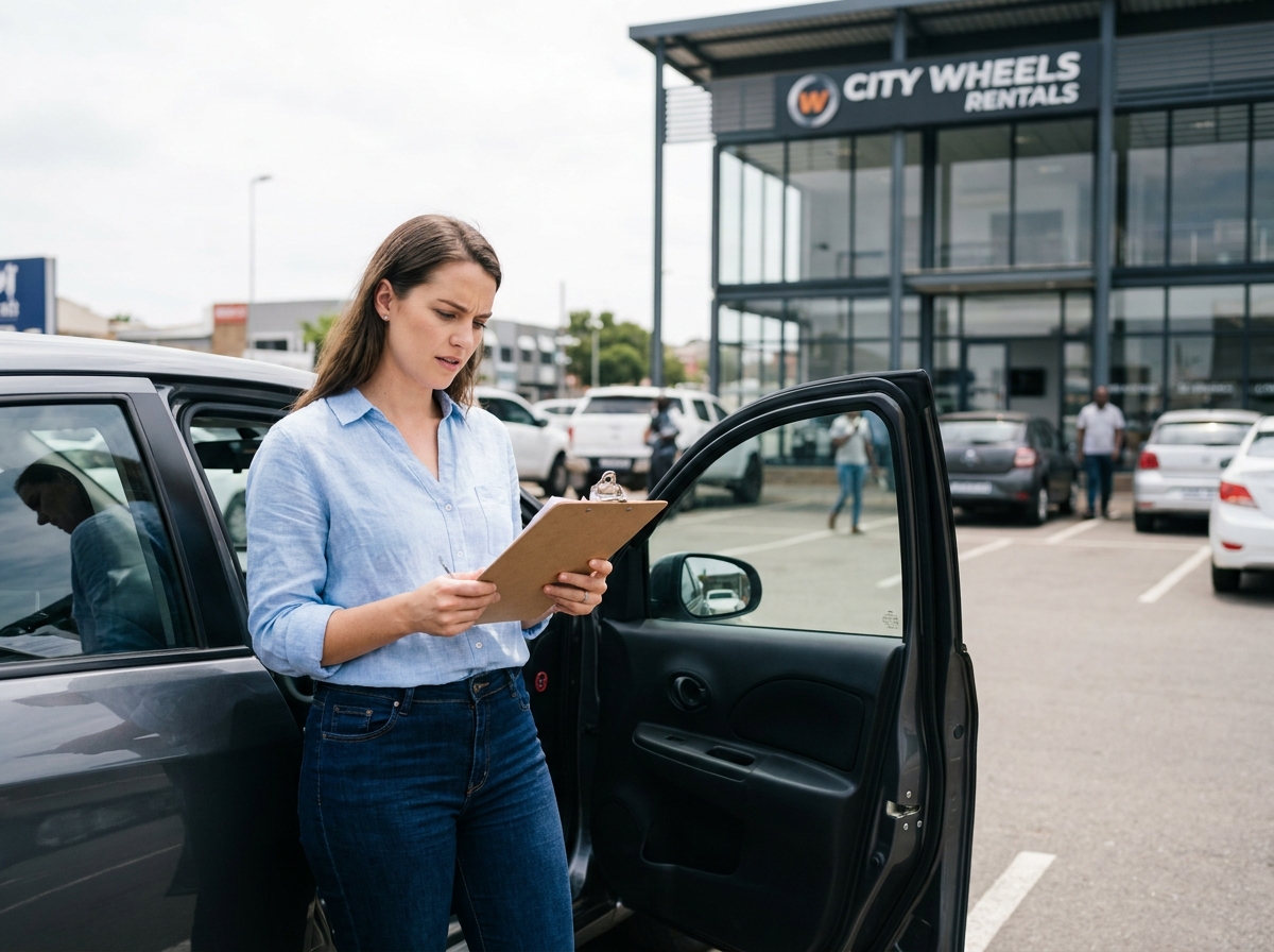 Jeune femme consultant un contrat de location de voiture sans permis devant une agence automobile en ville