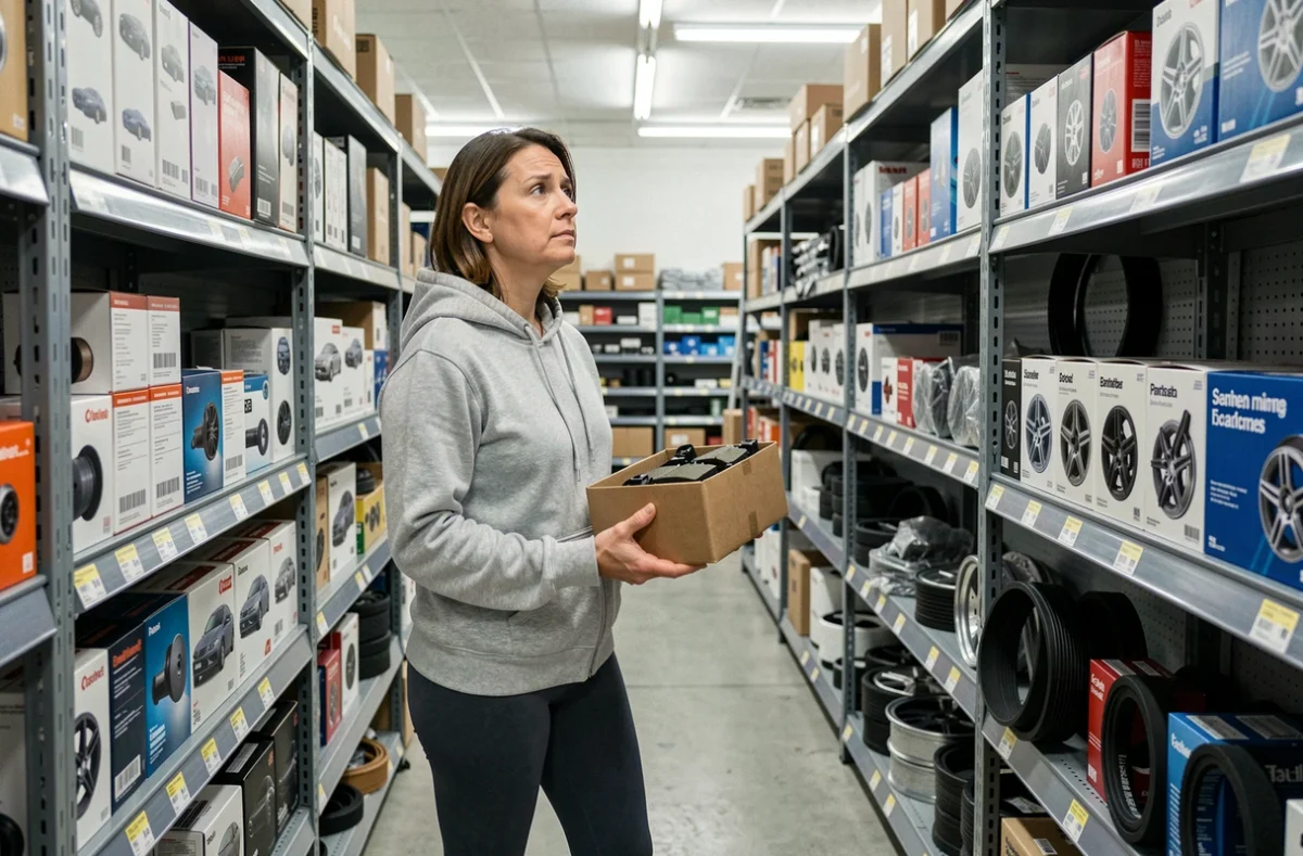 Femme dans un magasin de pièces auto cherchant des pièces détachées en urgence le week-end, tenant une boîte de plaquettes de frein