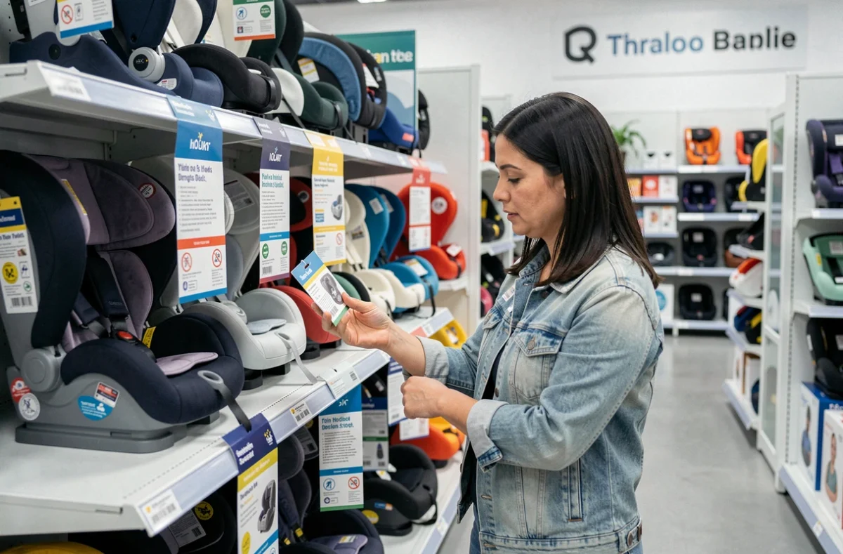 Femme examinant les labels de sécurité d'un rehausseur auto dans un magasin spécialisé