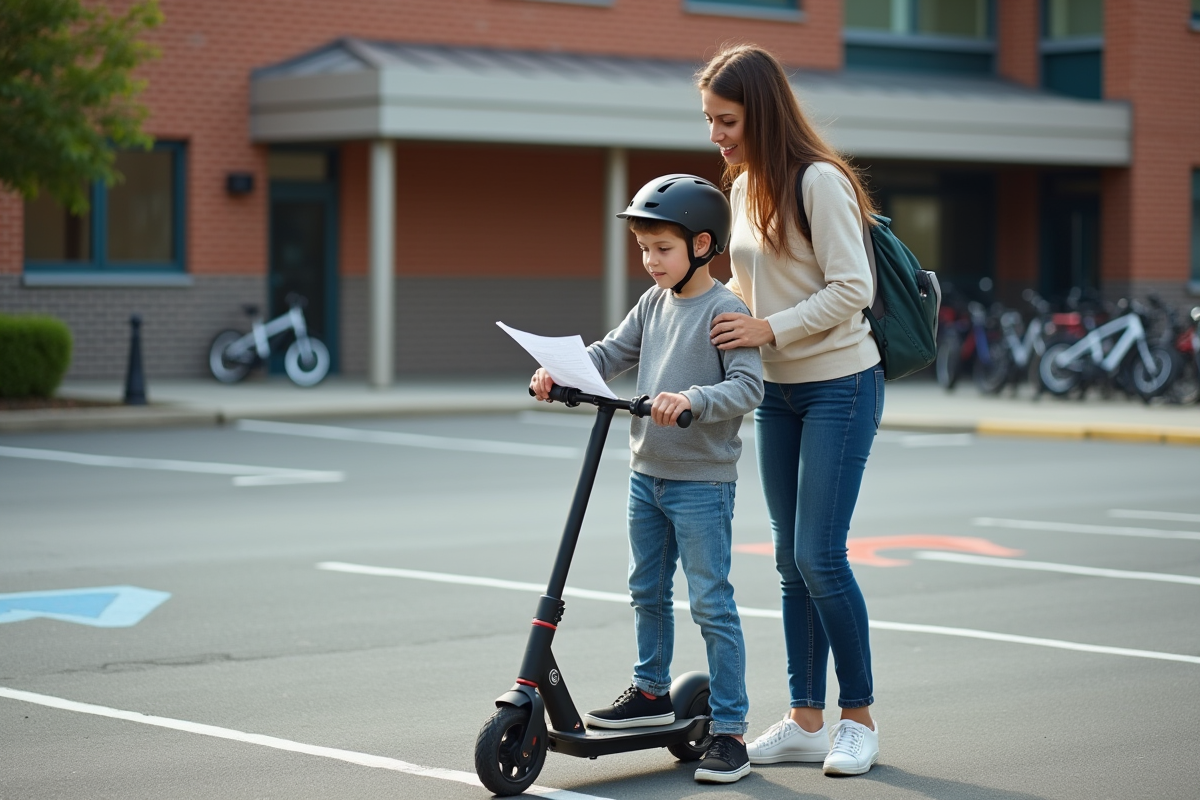 Mère vérifiant un document avec son fils près d un scooter