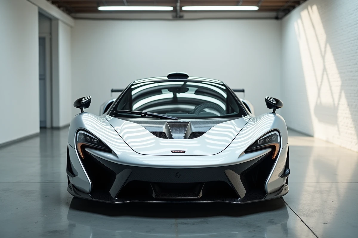 McLaren F1 occasion vue trois quarts avant dans un garage privé minimaliste, détails carbone et finition silver collector