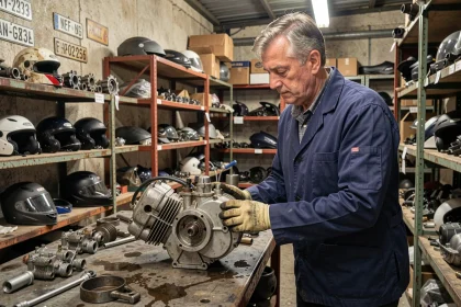 Mécanicien inspectant un moteur de scooter 125 dans une casse moto en France