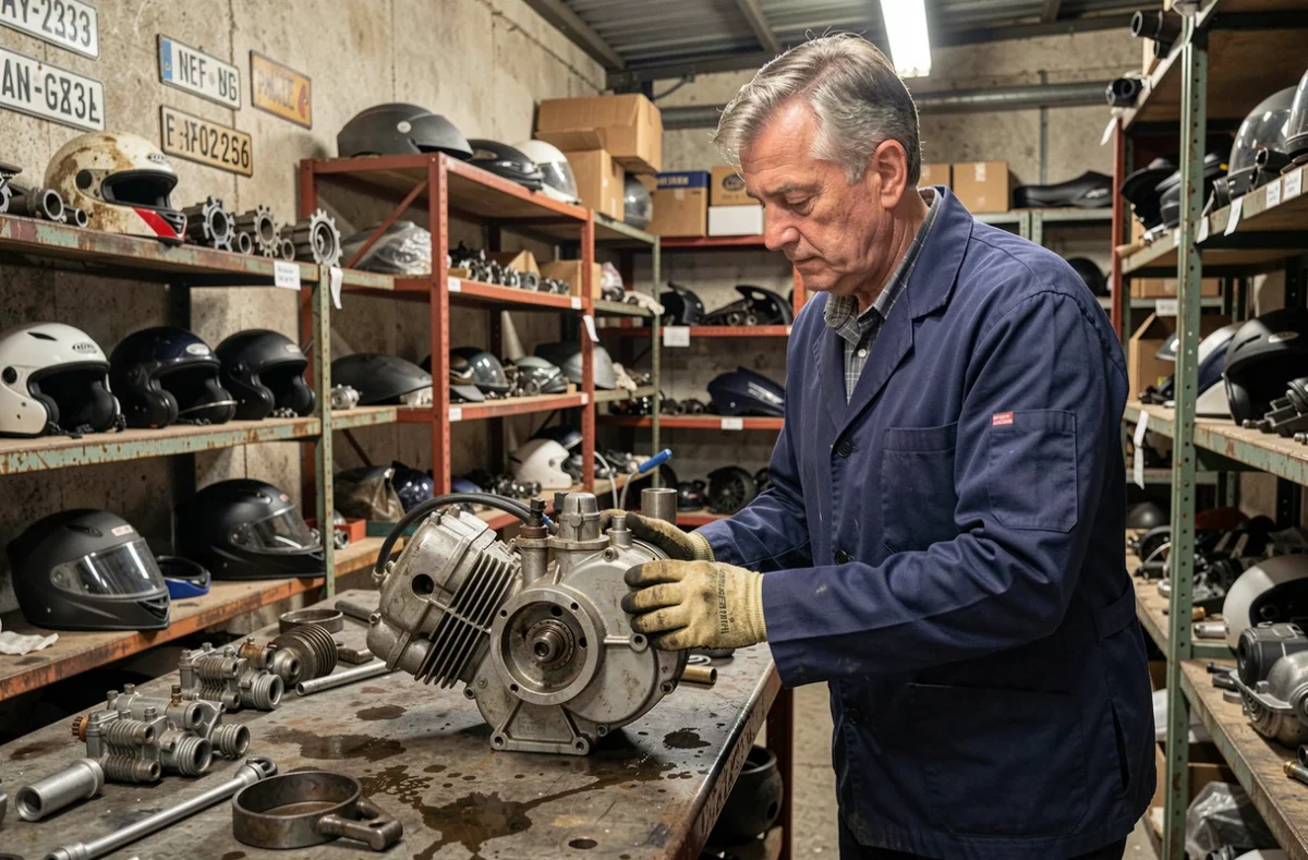 Mécanicien inspectant un moteur de scooter 125 dans une casse moto en France