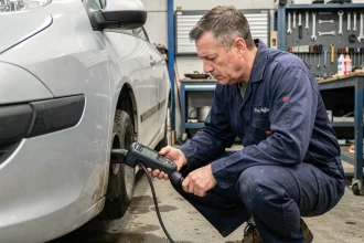 Mécanicien branchant un lecteur de diagnostic OBD sur une Peugeot dans un garage automobile professionnel
