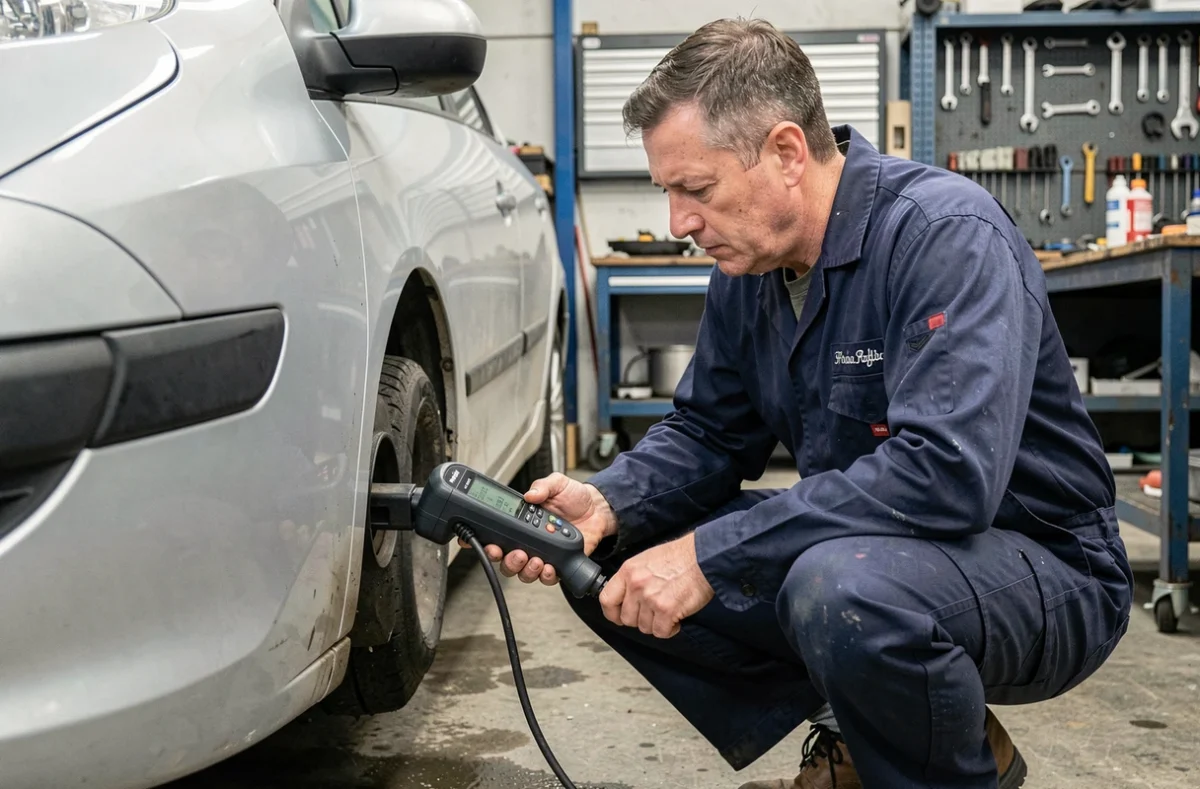 Mécanicien branchant un lecteur de diagnostic OBD sur une Peugeot dans un garage automobile professionnel