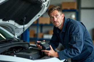 Mécanicien branchant un scanner OBD2 sur une Peugeot pour lire le code défaut P1445 et diagnostiquer le voyant moteur allumé