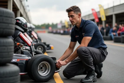 Mécanicien jeune homme ajustant un kart de course sur circuit