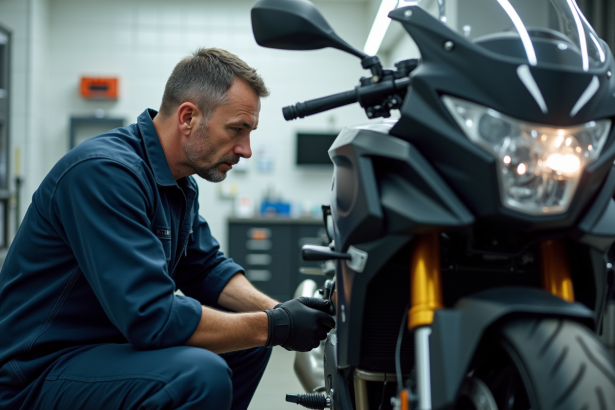 Mécanicien moto homme en navy inspectant une moto noire