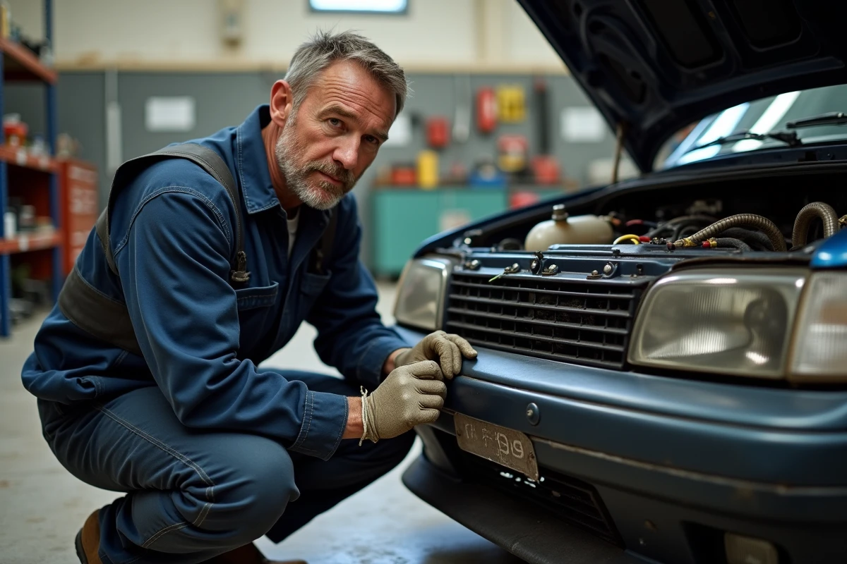 Mécanicien inspectant le compartiment moteur d'une 306 Maxi kit car dans un atelier de préparation automobile