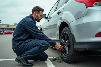 Mécanicien examinant une roue de secours compacte à côté d'un pneu crevé dans un parking