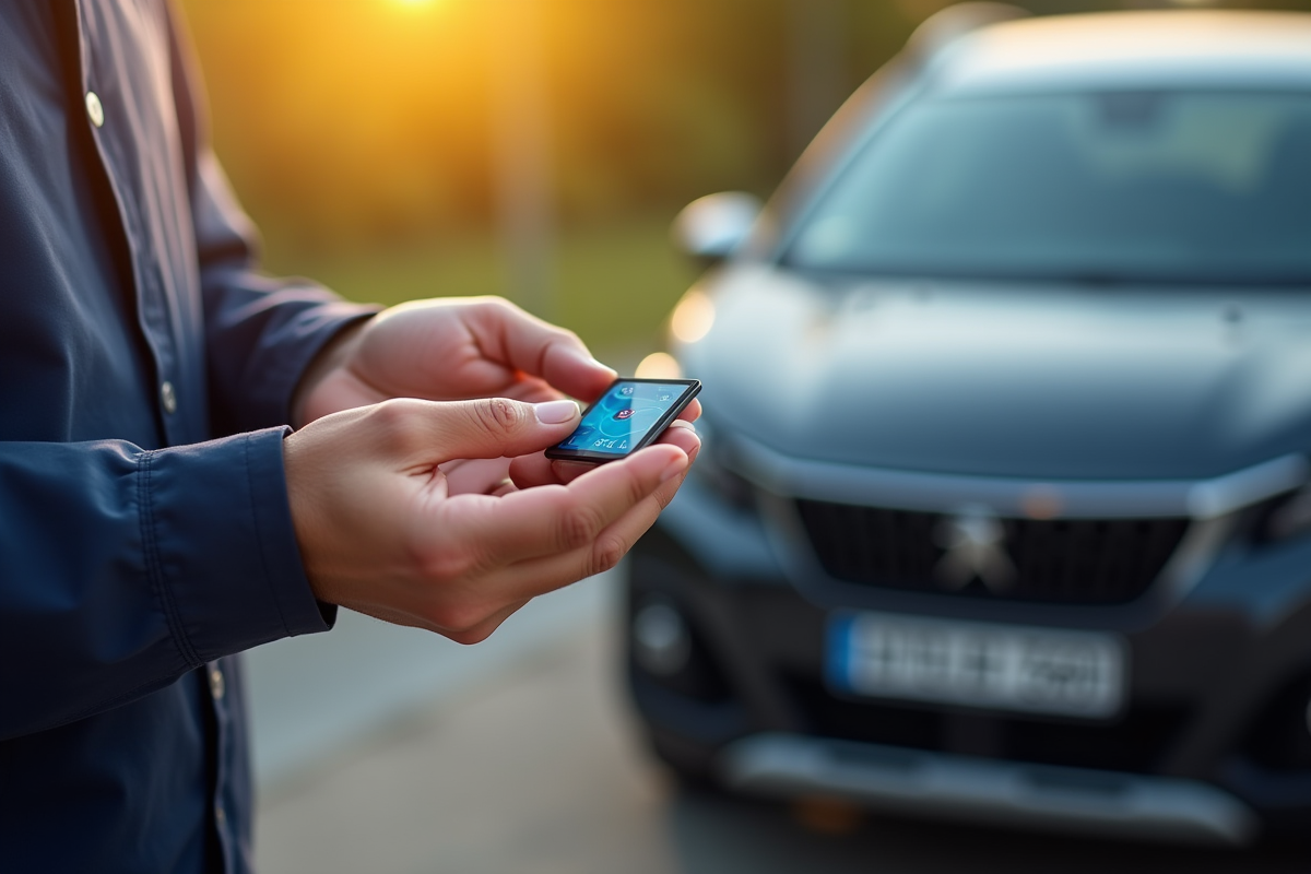 Mécanicien tenant une carte SD pour GPS Peugeot en extérieur