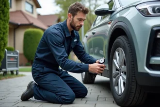 Mécanicien homme en overalls vérifiant la pression d'un pneu de voiture